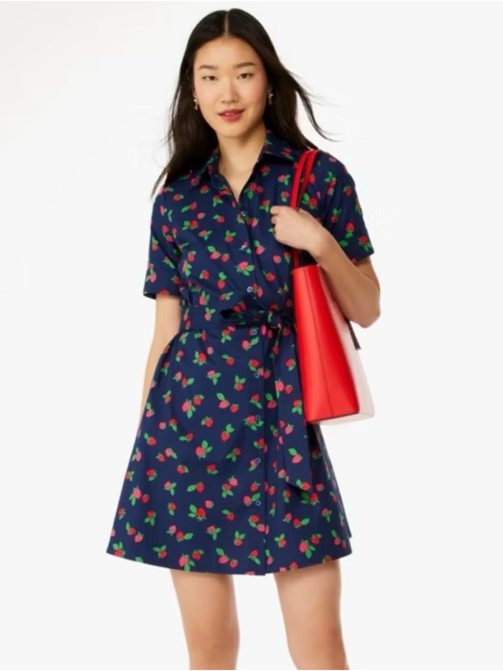 Kate Spade Tossed Strawberry Shirt Dress Navy Belted